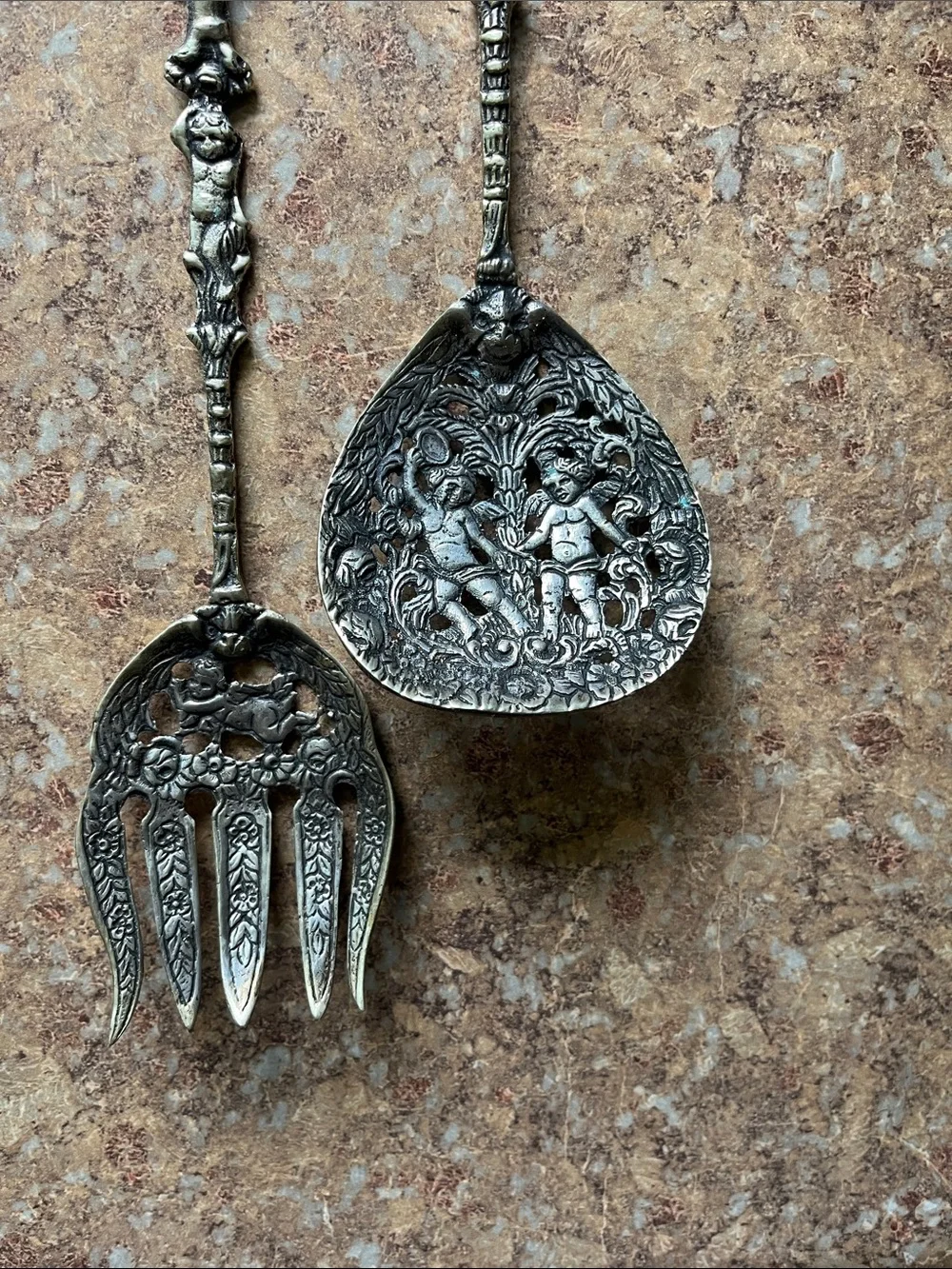 Made in Italy Ornate Silver-Tone Cherub Serving Spoon & Fork - Decorative Home